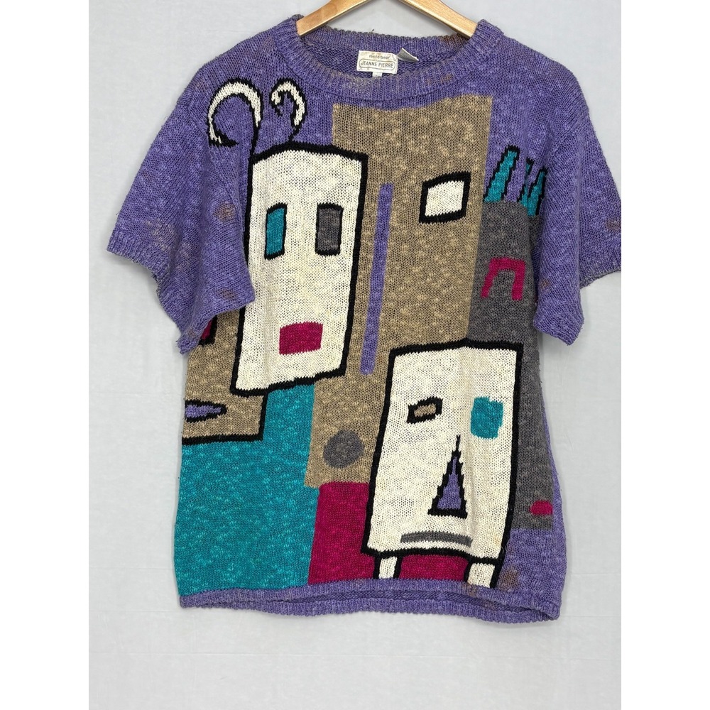 Renee‎ Tener for Jeanne Pierre Sweater Womens Purple Abstract Short Sleeve Small